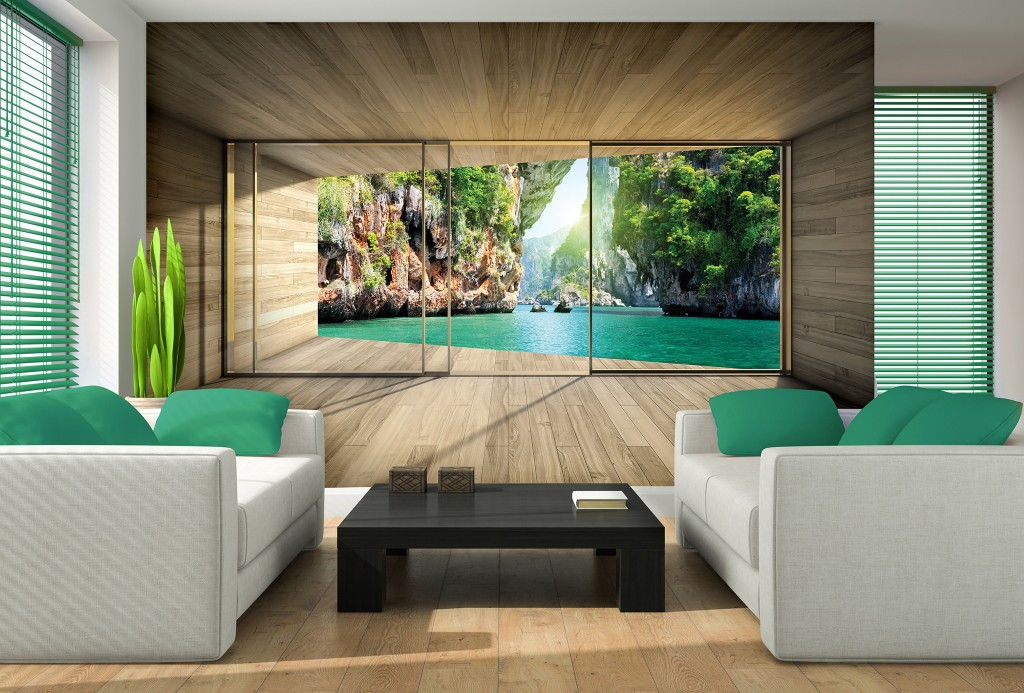 Флизелиновые фотообои в интерьере 3д деревянные доски 416x254см Вид из окна террасы на скалы и море 3315VEXXXL+клей