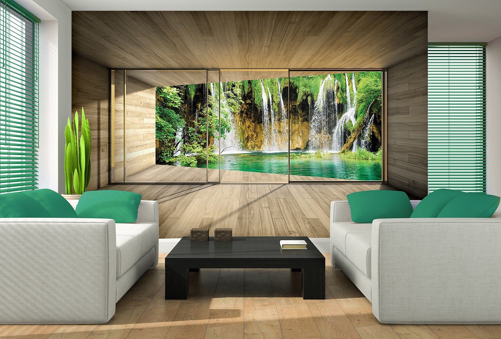 Природа флізелінові фотошпалери 3д дерев'яні дошки 416x254 см Вид з вікна тераси на водоспад у джунглях (3316VEXXXL)+клей