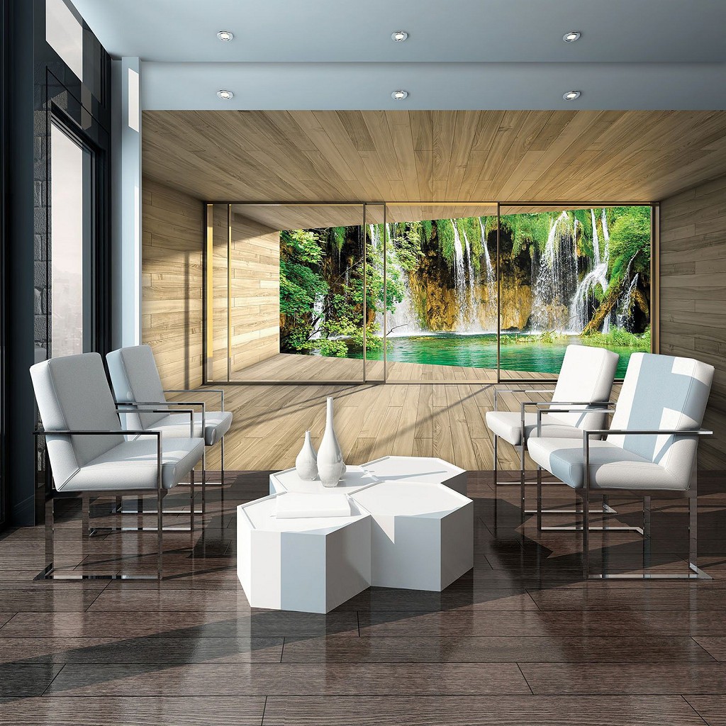 Флізелінові фотошпалери на кухню 3д дерев'яні дошки 254x184 см Вид з вікна тераси на водоспад у джунглях (3316V4)+клей