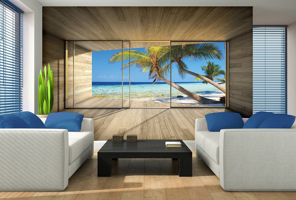 3 д флізелінові фотошпалери природа дерев'яні дошки 416x254 см Вид з вікна тераси на пляж з пальмами (3318VEXXXL)+клей