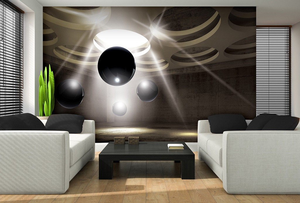 Флизелиновые фотообои геометрия в интерьере 3д шары 368x254 см Черные сферы в бетонной комнате (3320V8)+клей