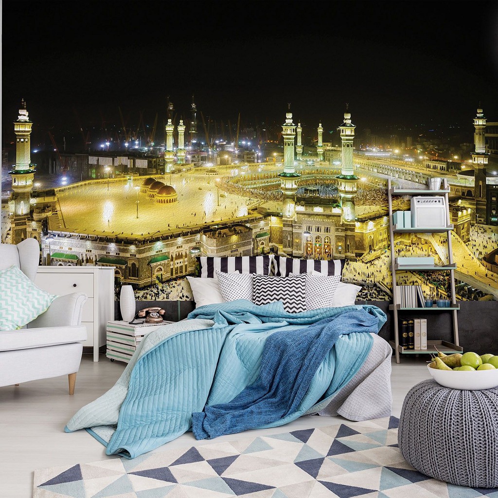 Флізелінові 3д чорні фотошпалери на стіну з малюнком міста 254x184 см Нічна мечеть аль-Харам у жовтих вогнях (3332V4)+клей