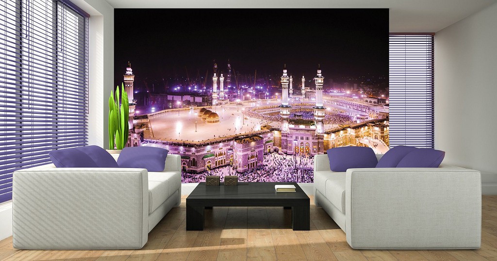 Флізелінові 3д чорні фотошпалери для спальні місто 416x254 см Нічна мечеть аль-Харам у рожевих вогнях (3333VEXXXL)+клей