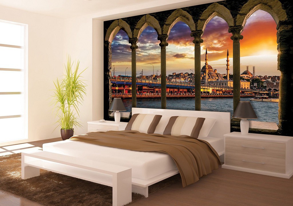 Флизелиновые фотообои 3д закат солнца 368x254 см Город Стамбул за арками (3338V8)+клей