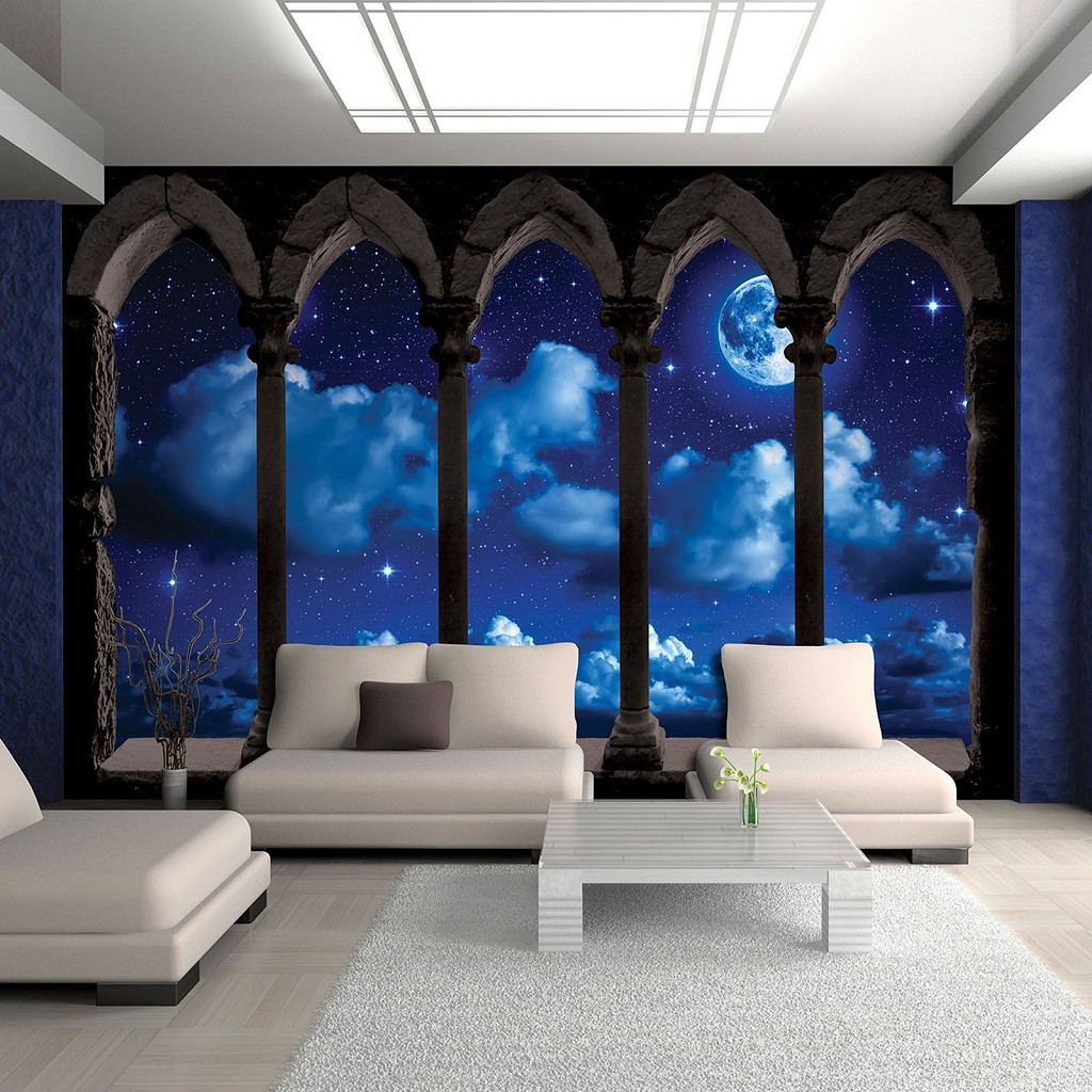 Флізелінові фотошпалери 3д зірки хмари та місяць 368x254 см Нічне небо за арками (3344V8)+клей