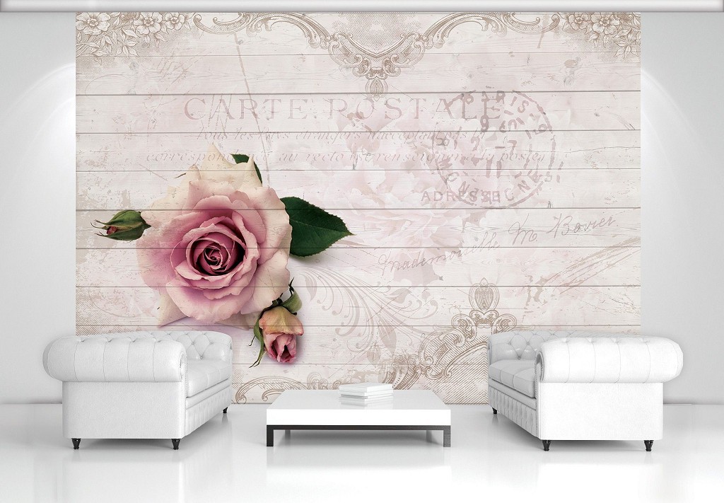 Флизелиновые фотообои в интерьере цветы на светлом дереве 312x219 см Винтажная роза на досках (3346VEXXL)+клей