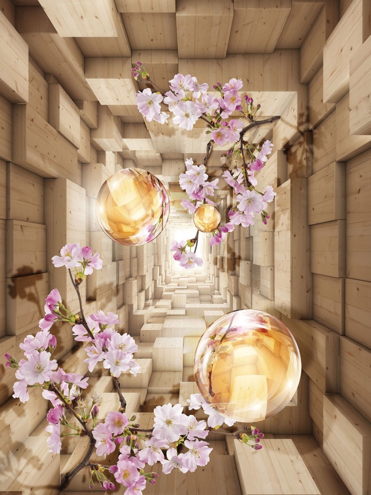 3д флізелінові фотошпалери фото 206x275 см Абстракція квіти та кулі в тунелі (3347VEA) +клей