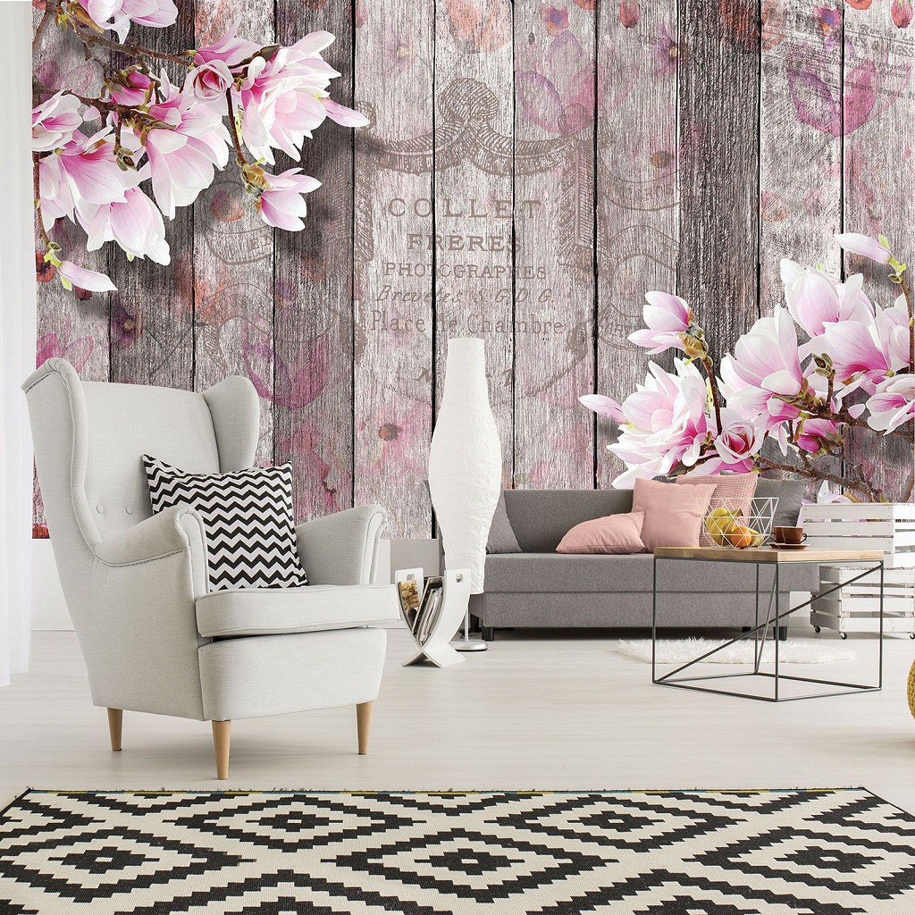 Флізелінові фотошпалери під дерево 368x254 см Квіти магнолії на дошки (3352V8)+клей