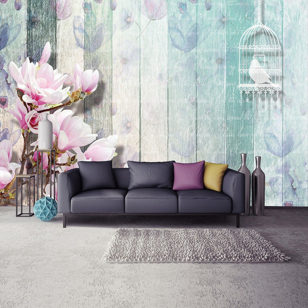 Флизелиновые фотообои абстракция на стену магнолии на дереве 254x184см Цветочный узор и красочные доски 3353V4+клей