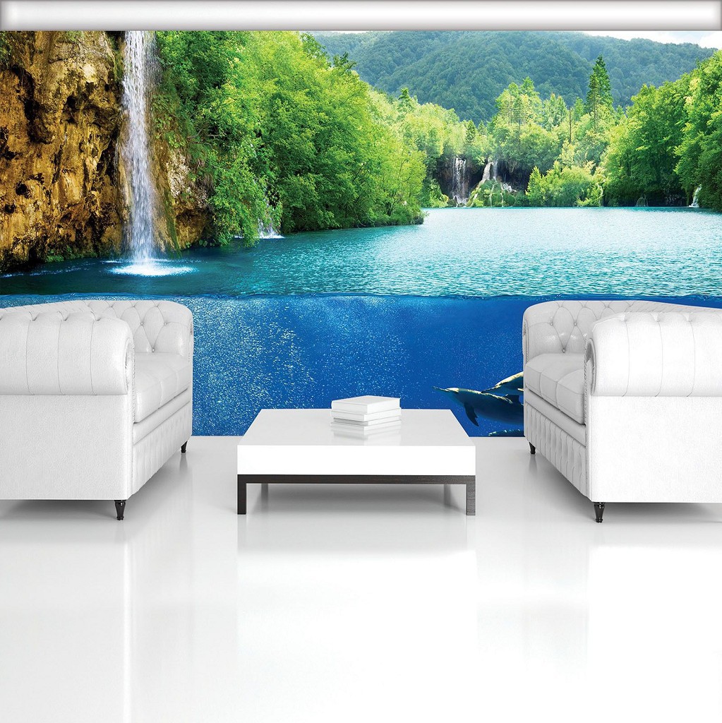 Флізелінові фотошпалери природа 254x184 см Водоспад та дельфіни (3355V4)+клей