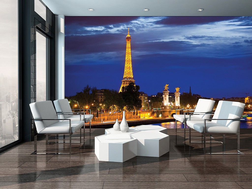 Флизелиновые синие фотообои Франция огни вечернего города 312x219 см Ночной Париж (3394VEXXL)+клей