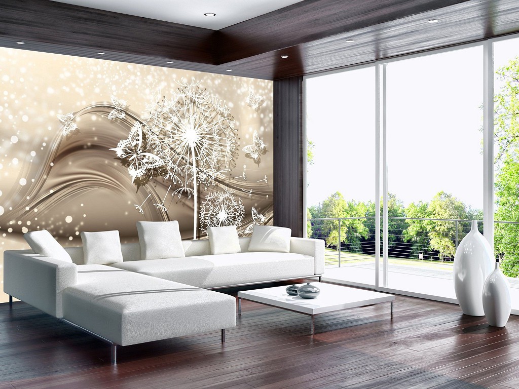 Флизелиновые 3д фото обои цветы 368х254 см Белые одуванчики и бабочки на светло-бежевом фоне (3430V8)+клей