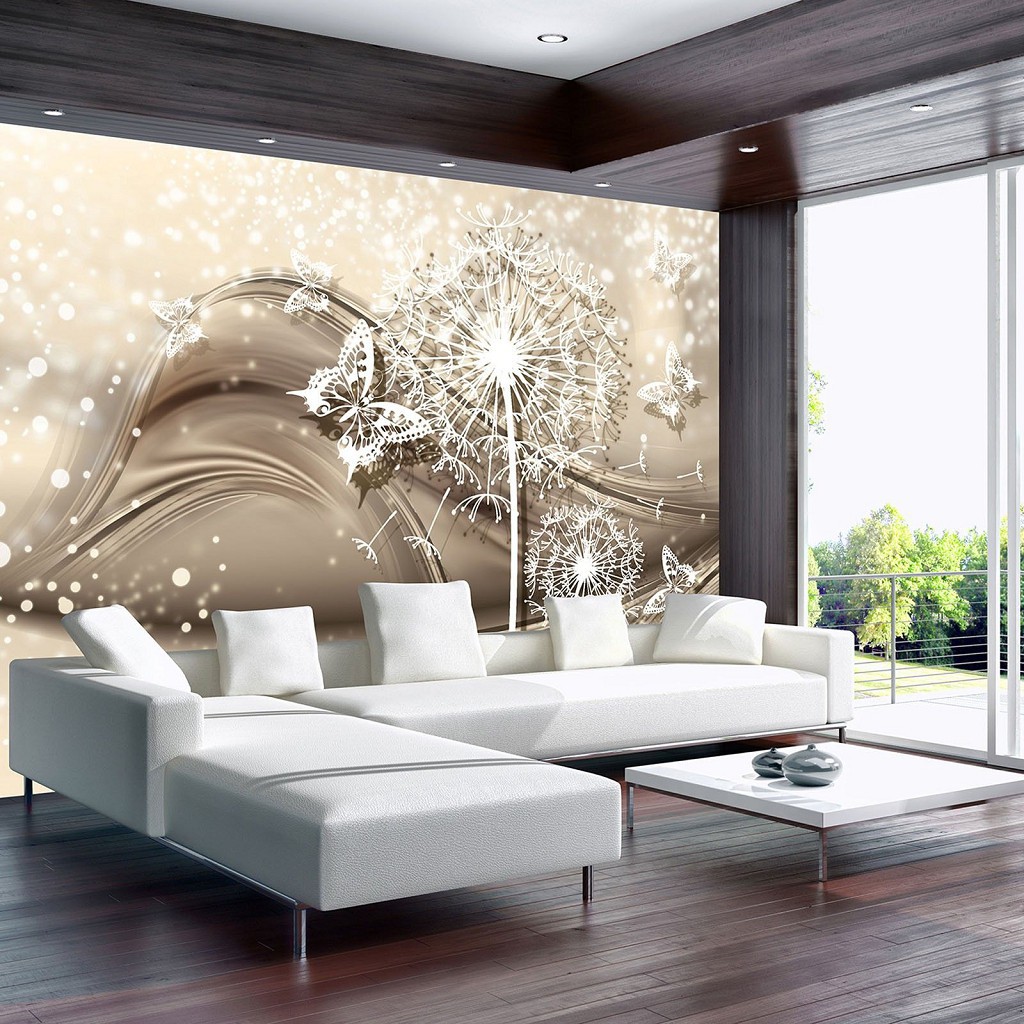 Флізелінові 3д фотошпалери на кухню квіти 254x184 см Білі кульбаби та метелики на світло-бежевому фоні (3430V4)+клей