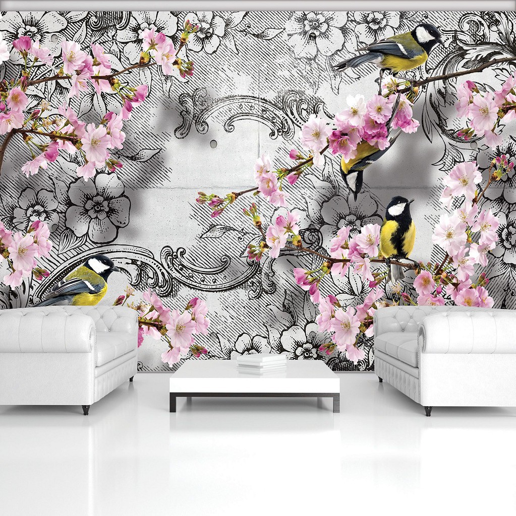 Флизелиновые фотообои птицы 312x219 см Синицы среди розовых цветов на черно-белом фоне (3442VEXXL)+клей