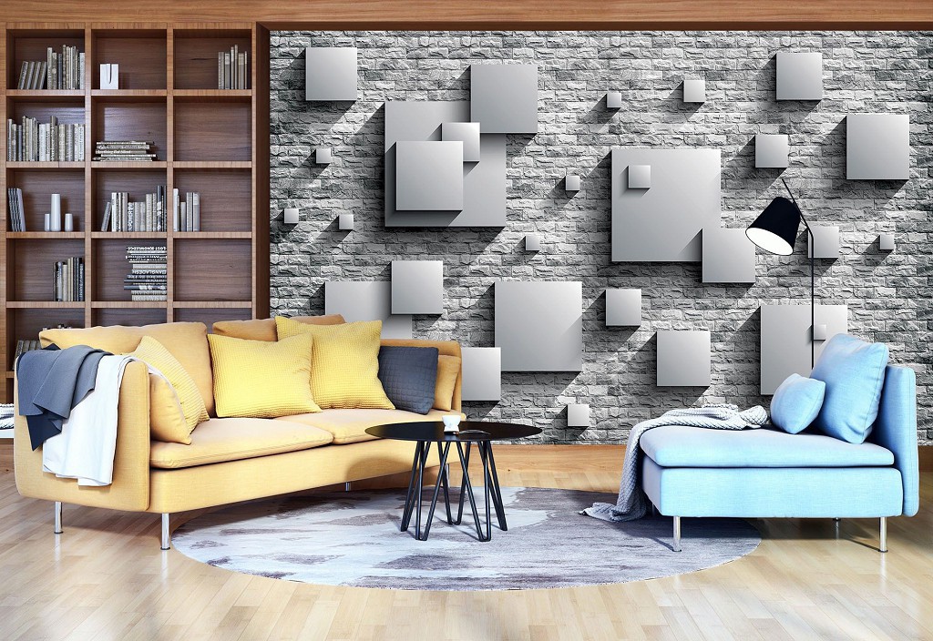 Флізелінові фото шпалери 3 д 312x219 см Сірі квадрати на цегляну стіну (3443VEXXL)+клей