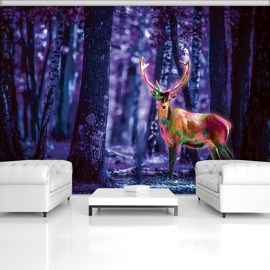 Флизелиновые синие фотообои с деревьями животные 254x184 см Флуоресцентный олень в лесу (3444V4)+клей