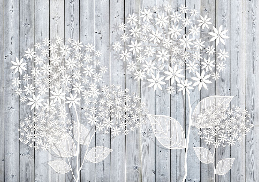 Флізелінові фотошпалери фото 416x254 см Білі квіти на сірих дошках (3448VEXXXL)+клей