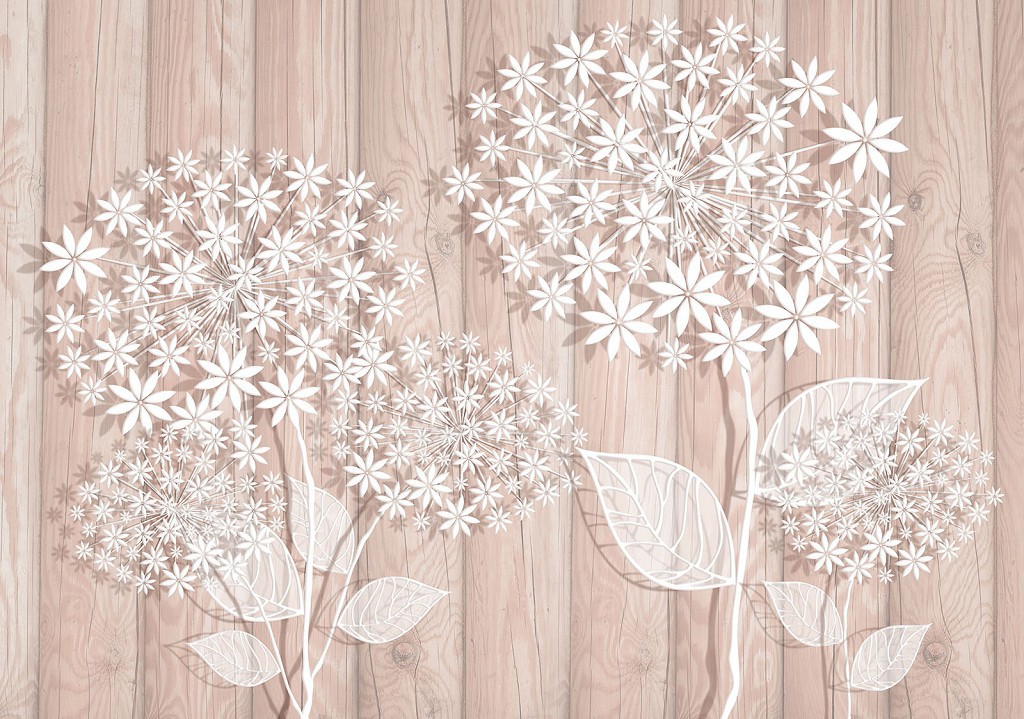 Флізелінові фотошпалери в коридор 416x254 см Білі квіти на дерев'яні дошки (3450VEXXXL)+клей