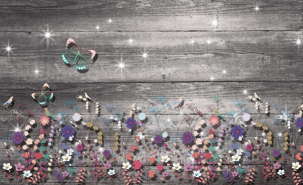 Флізелінові фотошпалери в коридор 416x254 см Квіти та метелики на сірих дошках (3458VEXXXL)+клей