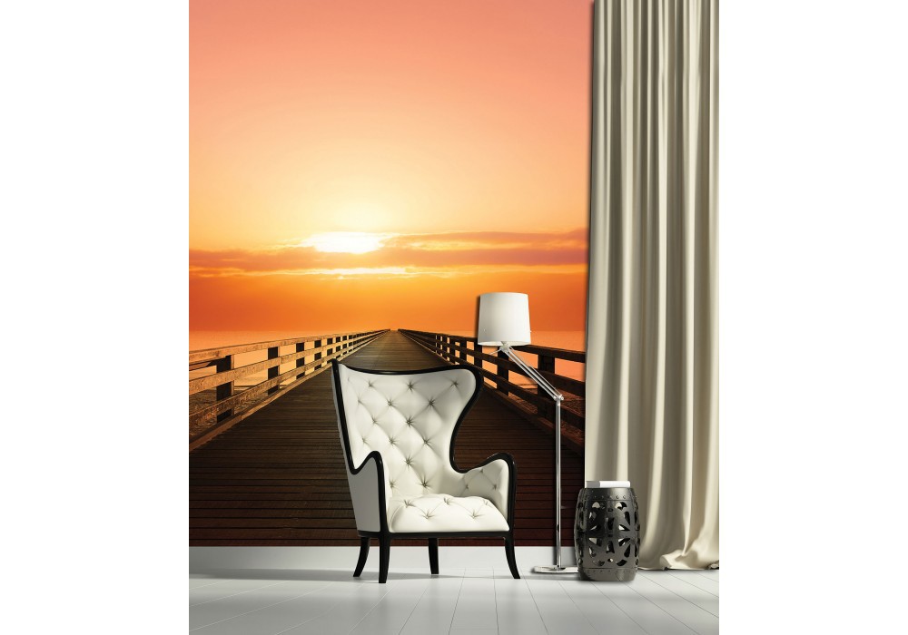 Флизелиновые фотообои в коридор 3д море природа 184x254 см Деревянный пирс и оранжевый закат солнца (3466V4A)+клей