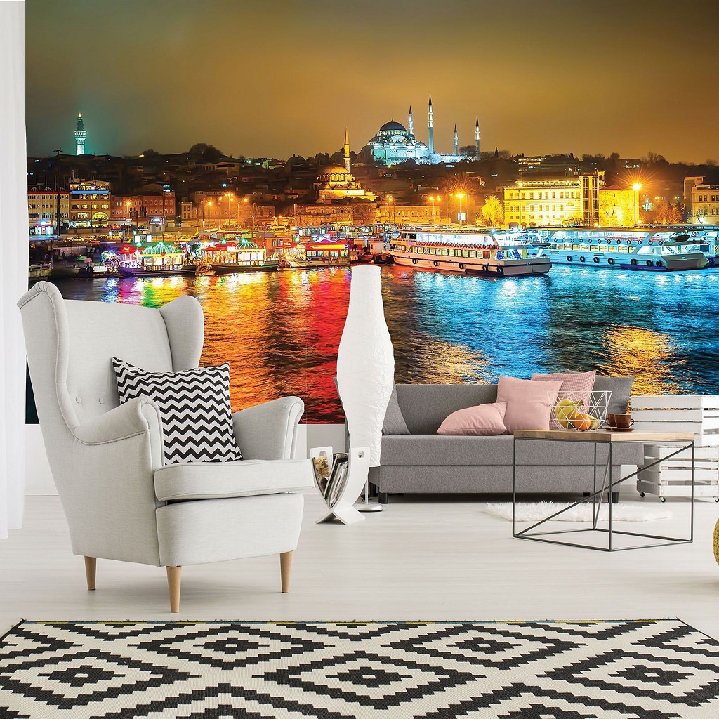 Флизелиновые 3д фото обои в комнату 416 x 254 см Разноцветные огни города Стамбул ночью (3467VEXXXL)+клей
