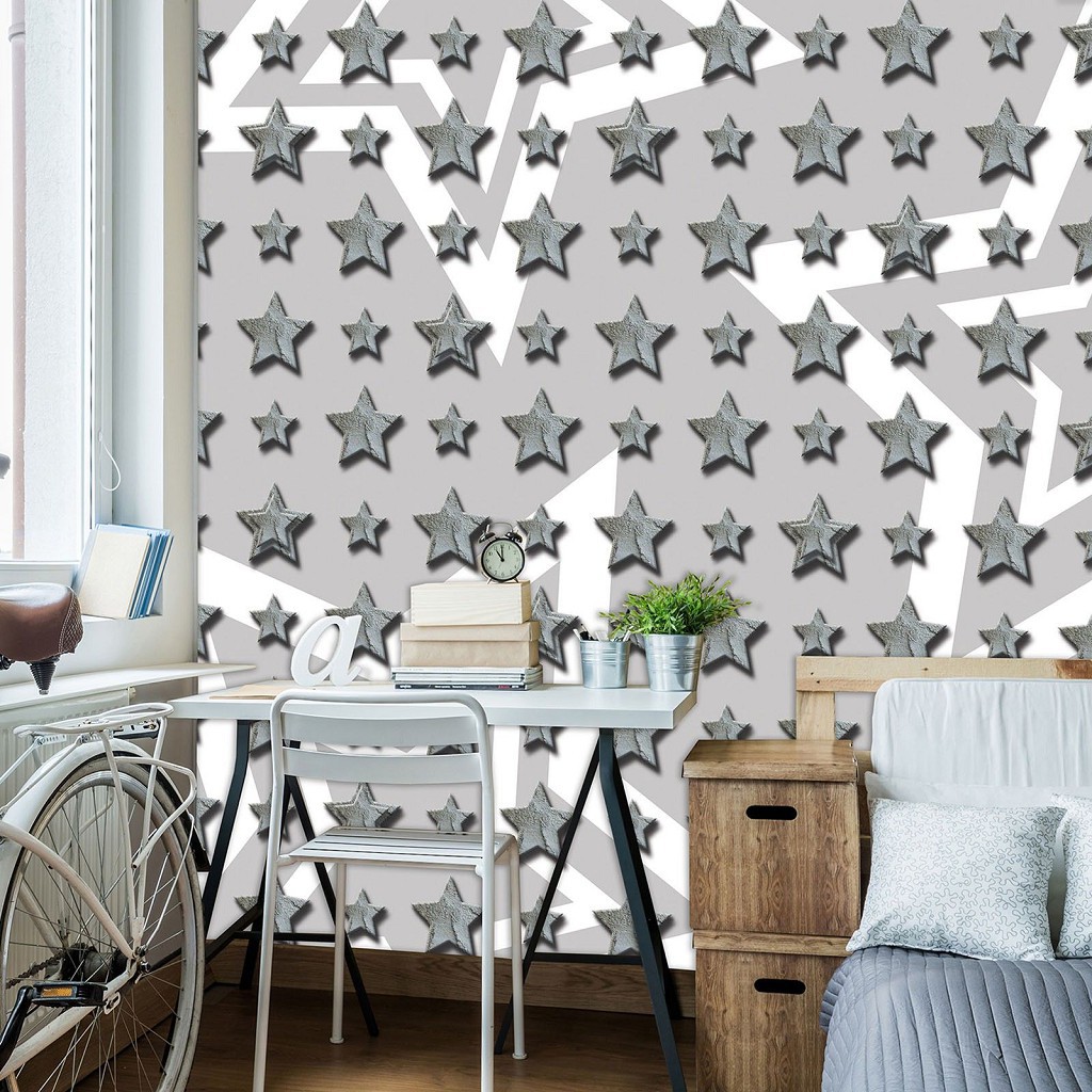Флізелінові чорно-білі фотошпалери в інтер'єрі 416x254 см Абстракція з п'ятикутних зірок (3471VEXXXL)+клей