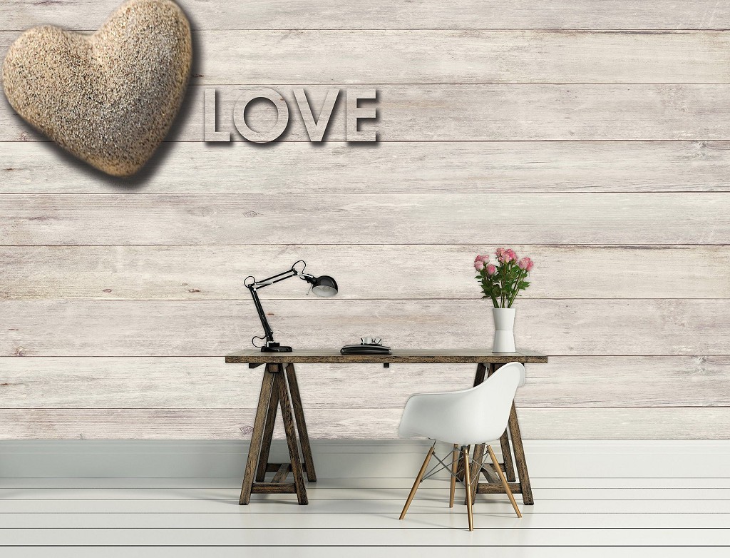 Флизелиновые фотообои на кухне 312x219 см Каменное сердце и надпись Любовь на деревянных досках (3474VEXXL)+клей