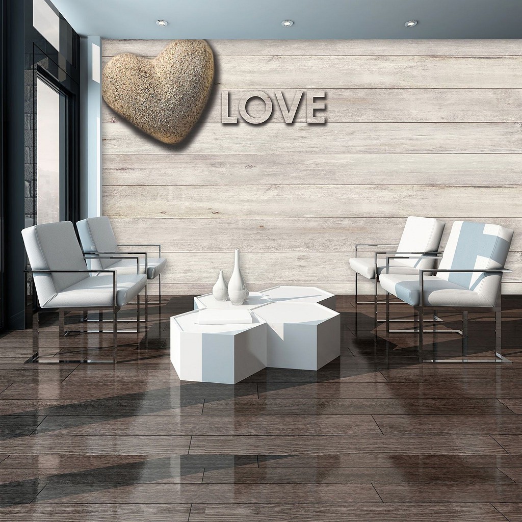 Флізелінові фотошпалери про кохання 368x254 см Кам'яне серце і напис Любов на світлі дерев'яні дошки (3474V8)+клей