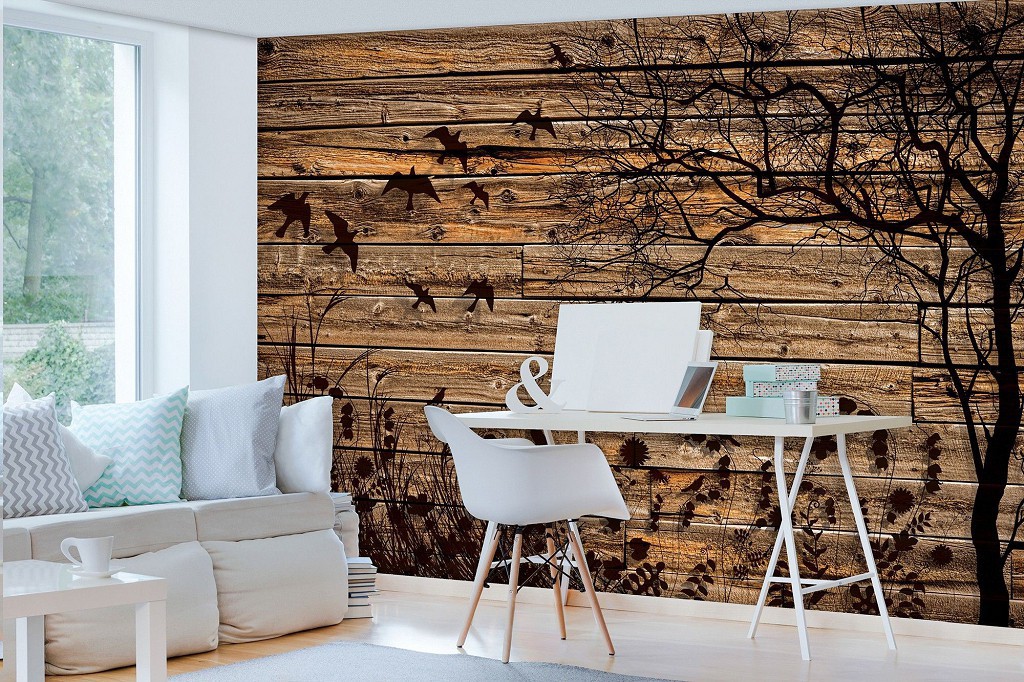 Красиві коричневі флізелінові фотошпалери природи 312x219 см Чорне дерево квіти та пташки на дошках (3487VEXXL)+клей