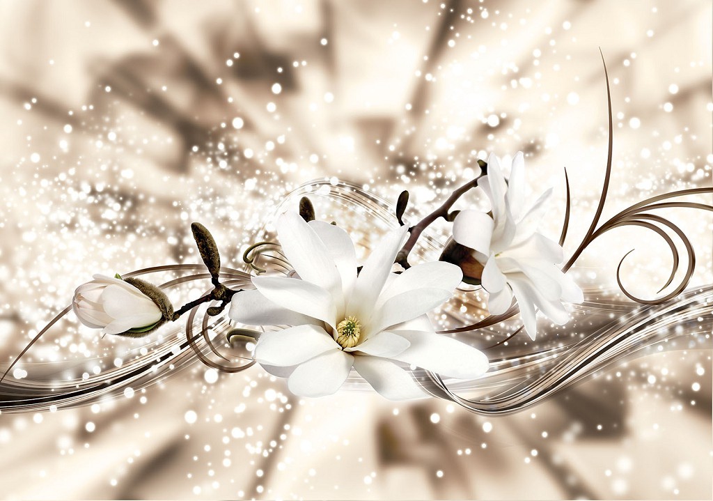 Флизелиновые фотообои для зала 3д цветы 368x254 см Белые лилии на бежевом фоне (3488V8)+клей