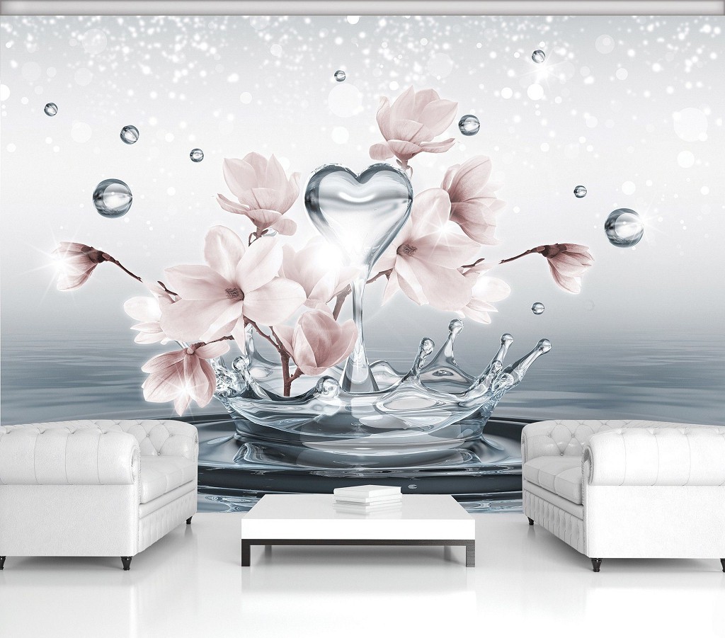 Флізелінові фотошпалери на кухню 3д квіти на світло-сірий фон 368x254 см Серце на воді з магноліями (3491V8)+клей