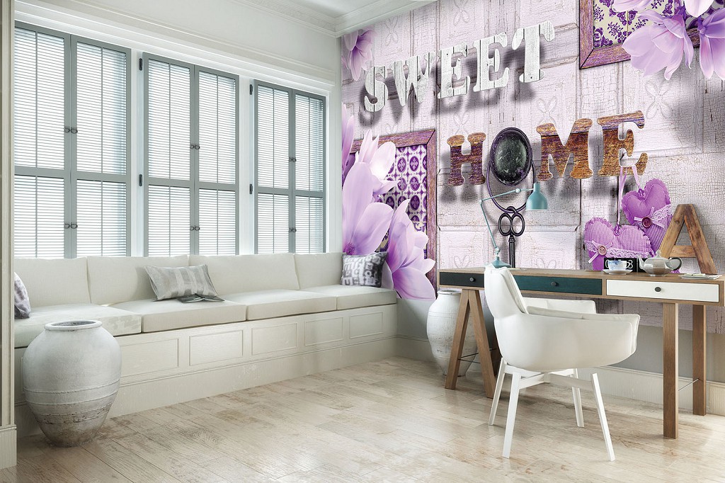 Світлі флізелінові фотошпалери 3д квіти 416x254 см Напис МИЛИЙ ДІМ та рожеві магнолії (3498VEXXXL)+клей