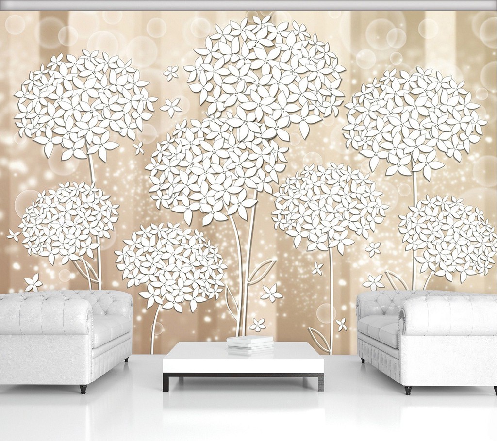 Флизелиновые фотообои 416x254 см Пушистые белые цветы на бежевом фоне (3500VEXXXL)+клей