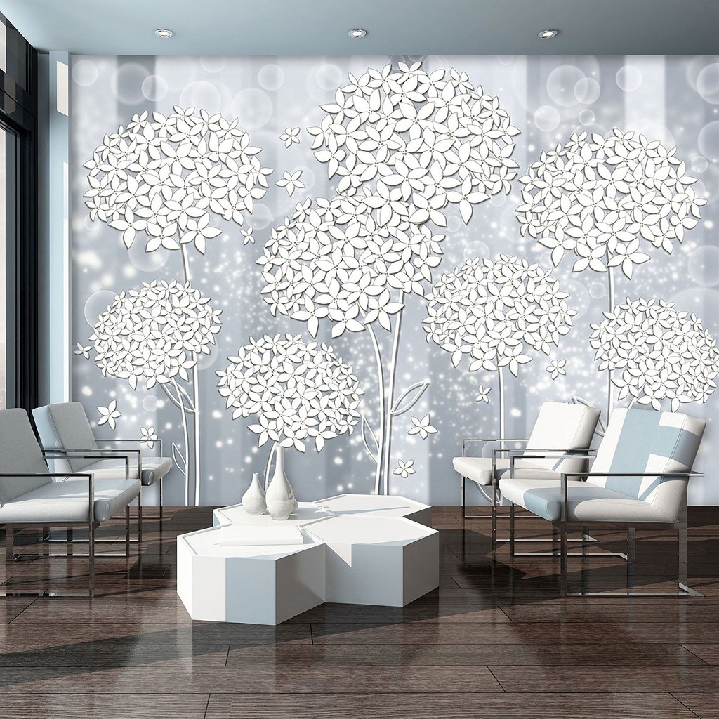 Фотообои на кухню 368x254 см Белые пушистые цветы на сером фоне (3501P8)+клей