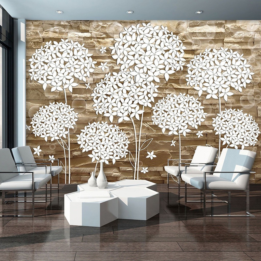 Популярні флізелінові коричневі 3д фотошпалери 416x254 см Пухнасті білі квіти на кам'яній стіні (3503VEXXXL)+клей