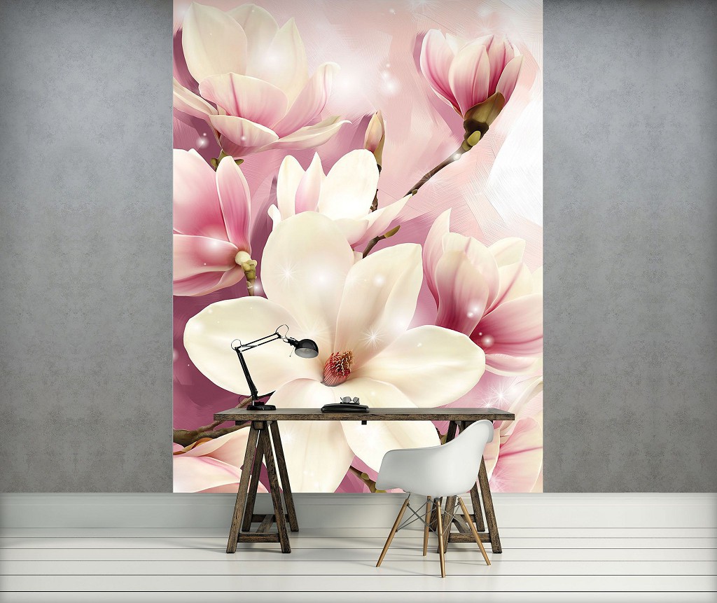 Флизелиновые фотообои 3д большие цветы на стену 206x275 см Розовые лепестки магнолии (3505VEA)+клей