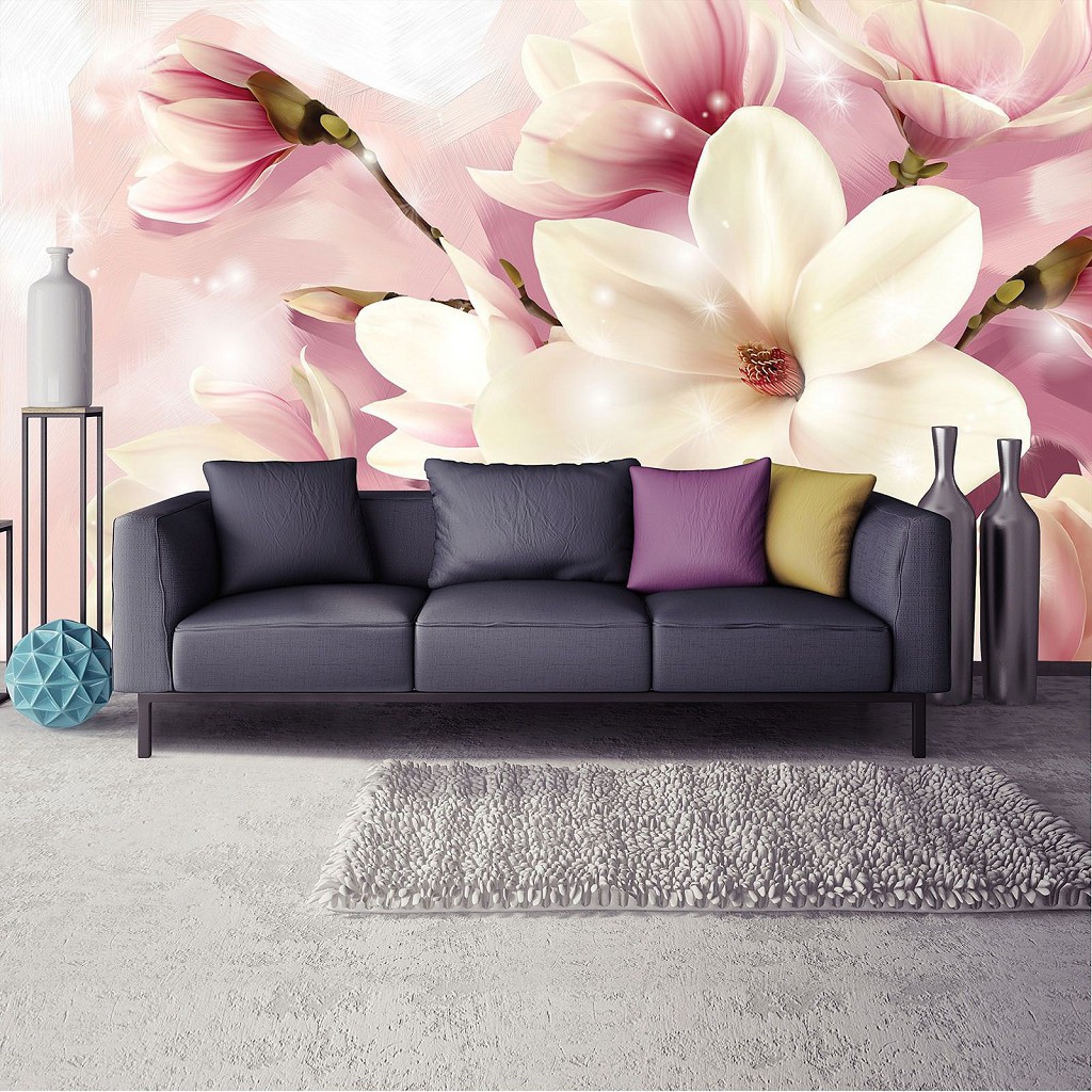 Флізелінові фотошпалери 3д великі красиві квіти 416x254 см Рожеві пелюстки магнолії (3505VEXXXL)+клей