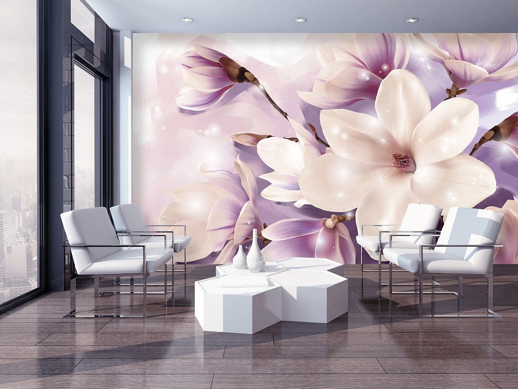 Флизелиновые фото обои 3д 368x254 см Фиолетовые цветы магнолии (3506V8)+клей