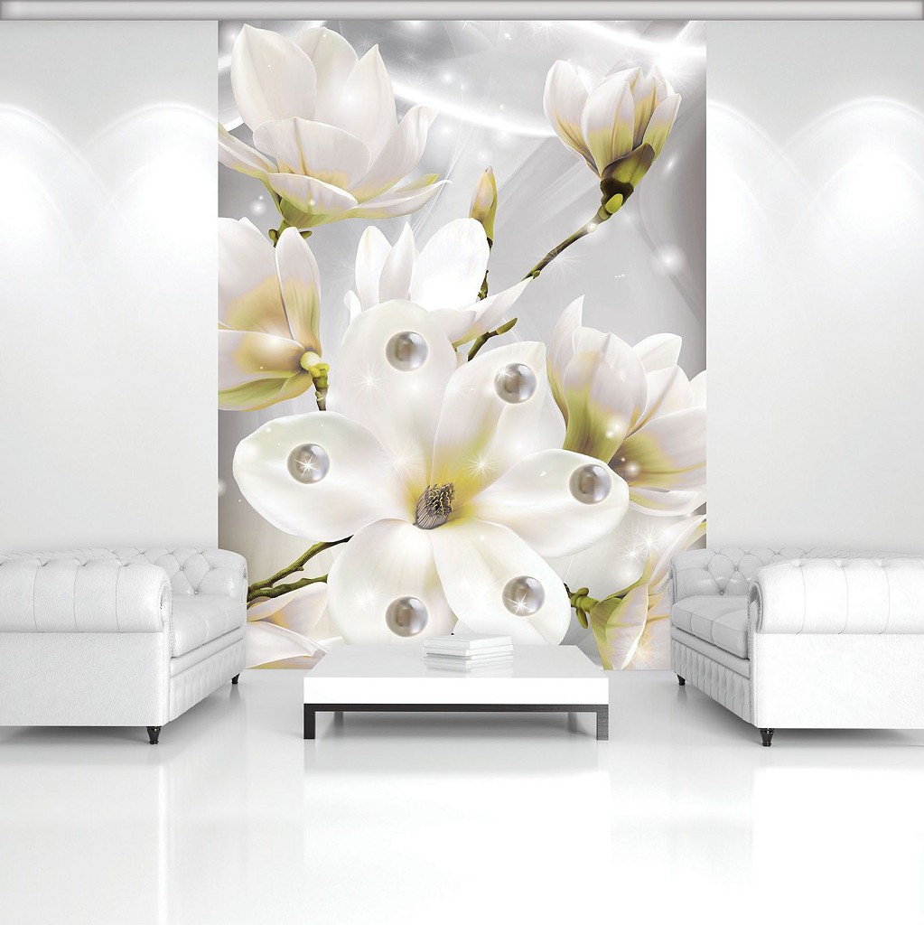 Флизелиновые фотообои в спальню 3д большие белые цветы и жемчужины 184x254 см Лепестки магнолии (3507V4A)+клей