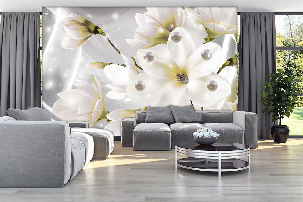Флизелиновые фотообои 3д большие белые цветы и жемчужины 254x184 см Воздушные лепестки магнолии (3507V4)+клей