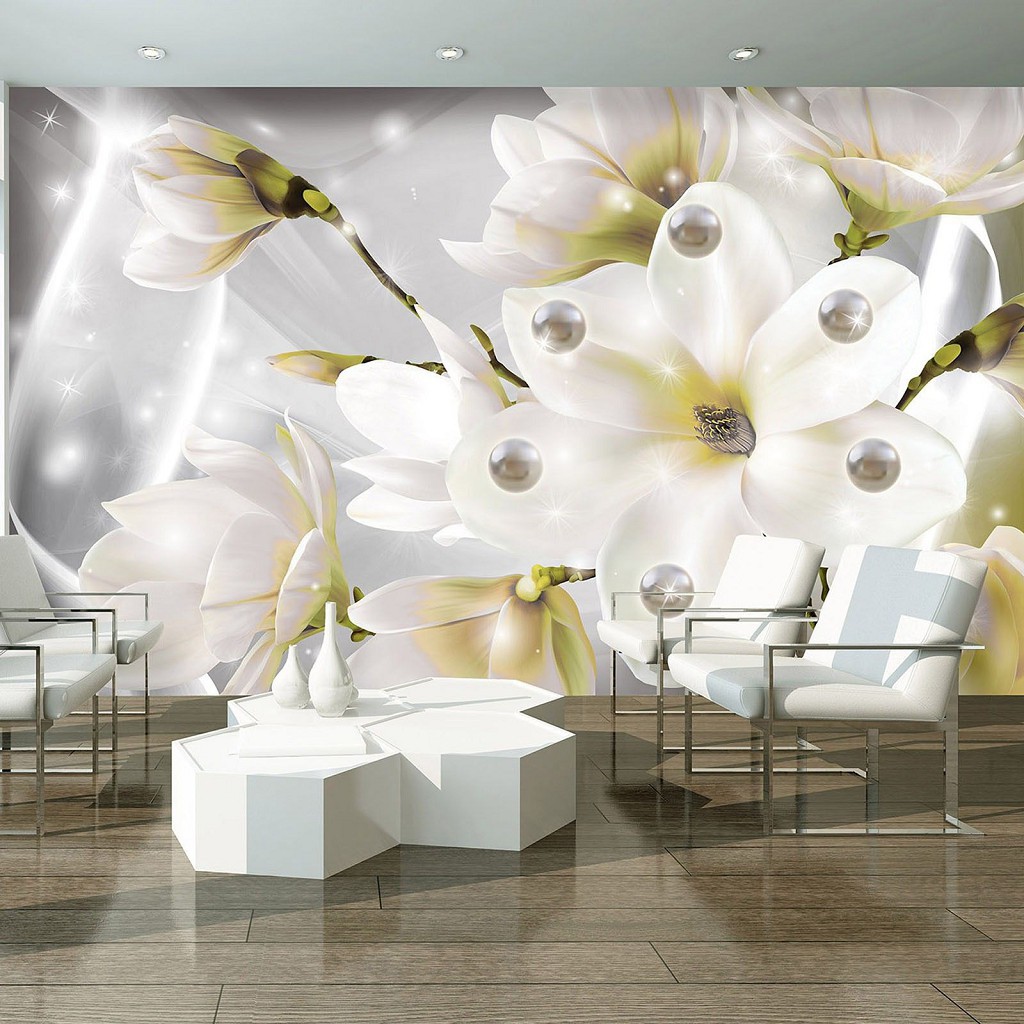 Флизелиновые фото обои 3д большие белые цветы и жемчужины 312x219 см Воздушные лепестки магнолии (3507VEXXL)+клей