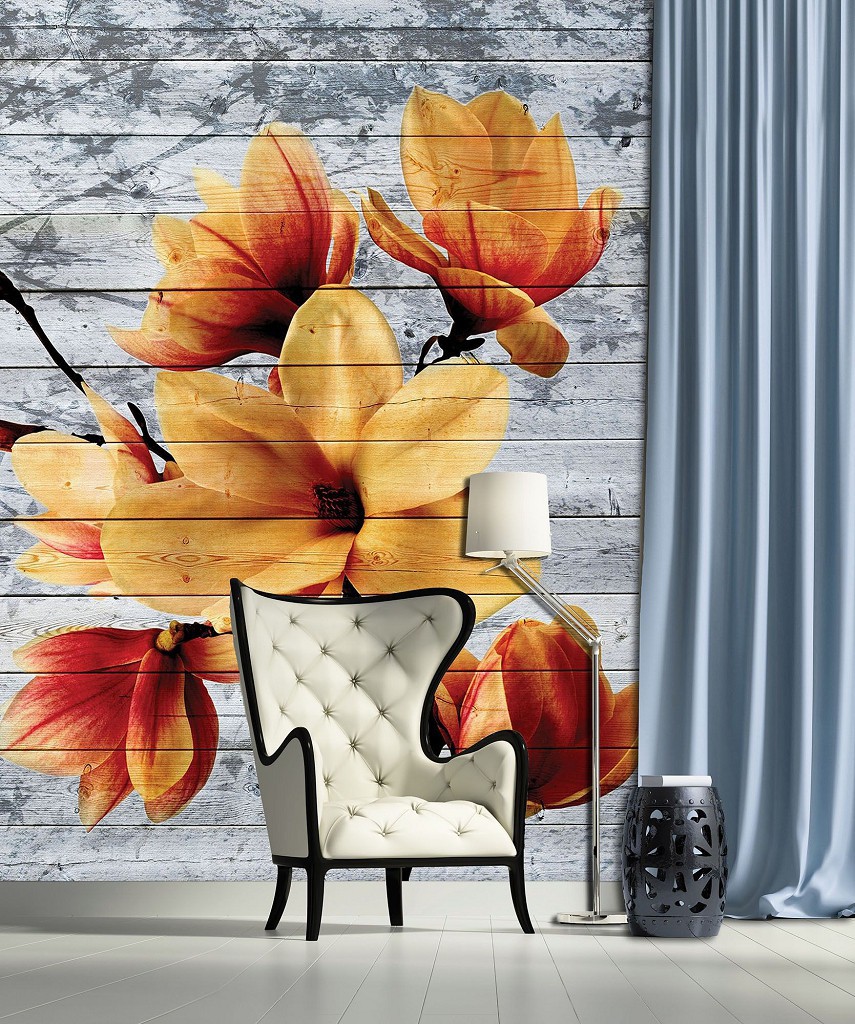 Флизелиновые фотообои для спальни Магнолии на сером 184x254 см Оранжевые цветы на деревянных досках (3521V4A)+клей