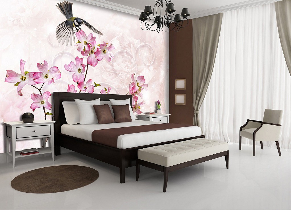 Флізелінові фотошпалери фото птахи 312x219 см Синиця на квітці на світлому фоні (3544VEXXL)+клей