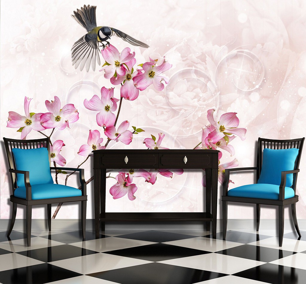 Флізелінові фотошпалери птахи 368x254 см Синиця на квітці на світлому фоні (3544V8)+клей