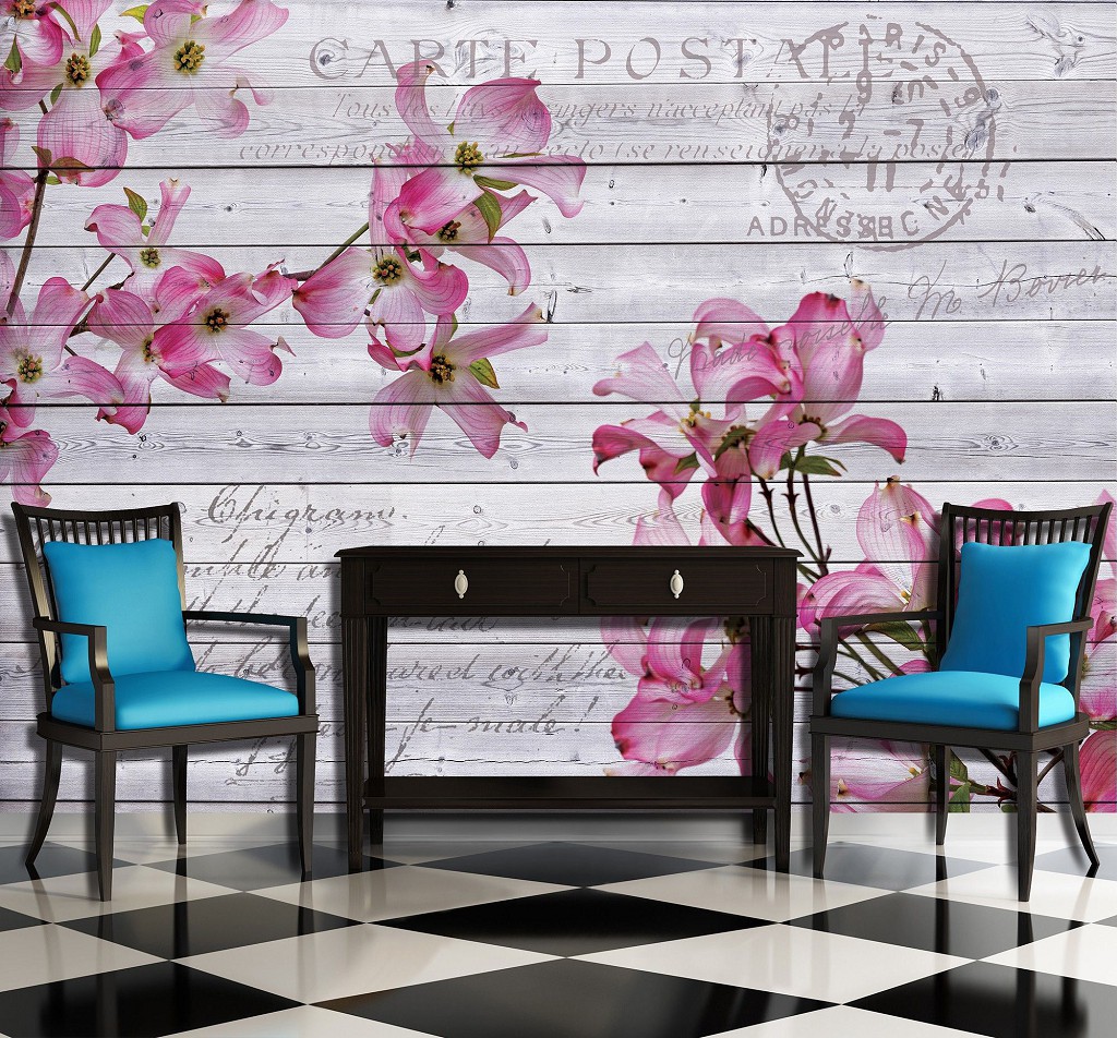 Флізелінові фотошпалери під дерево квіти 312x219 см Рожевий клематис на сірих дошках (3546VEXXL)+клей