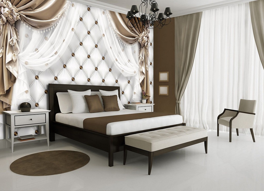 Флизелиновые фотообои 368х254 см Бежевые шторы и белый стеганый узор (3559V8)+клей