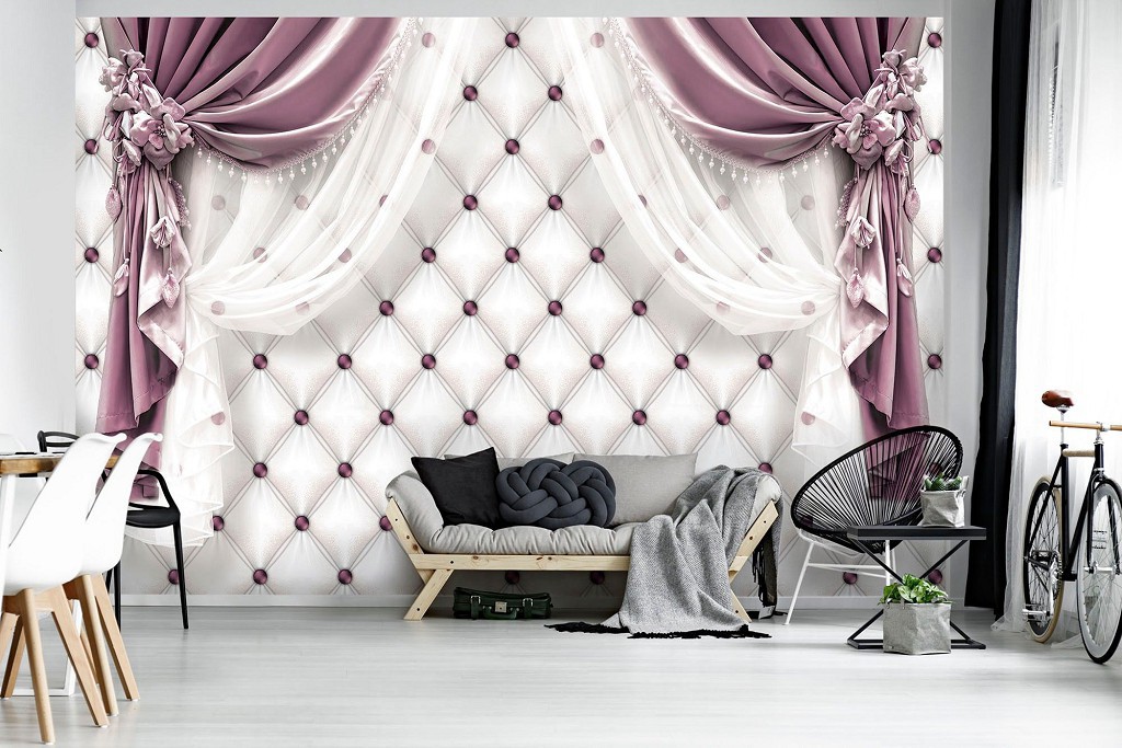 Фотообои флизелиновые 368x254 см Сиреневые шторы и белый стеганый узор (3560V8)+клей