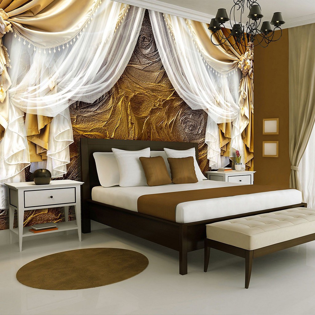 Флизелиновые фотообои в коридор 312x219 см Золотые шторы и розы (3562VEXXL)+клей