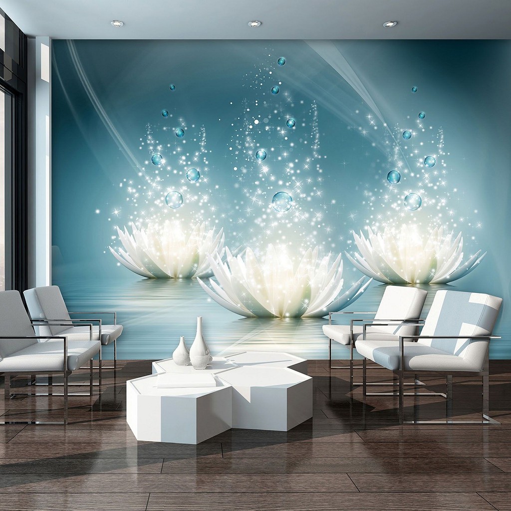 Флізелінові фотошпалери 3д квіти 416x290 см Три білі лілії на блакитному тлі (3566VEXXXXL)+клей