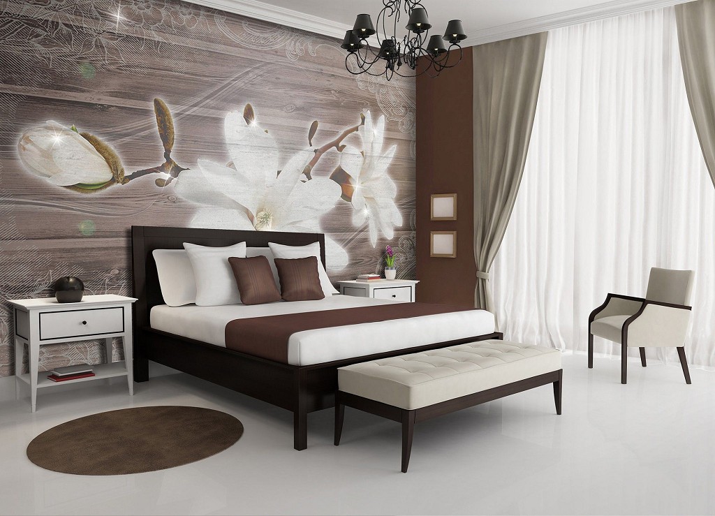 Флізелінові фотошпалери що миються під дерево 416x290 см Біла лілія квітка на коричневий фон (3569VEXXXXL)+клей